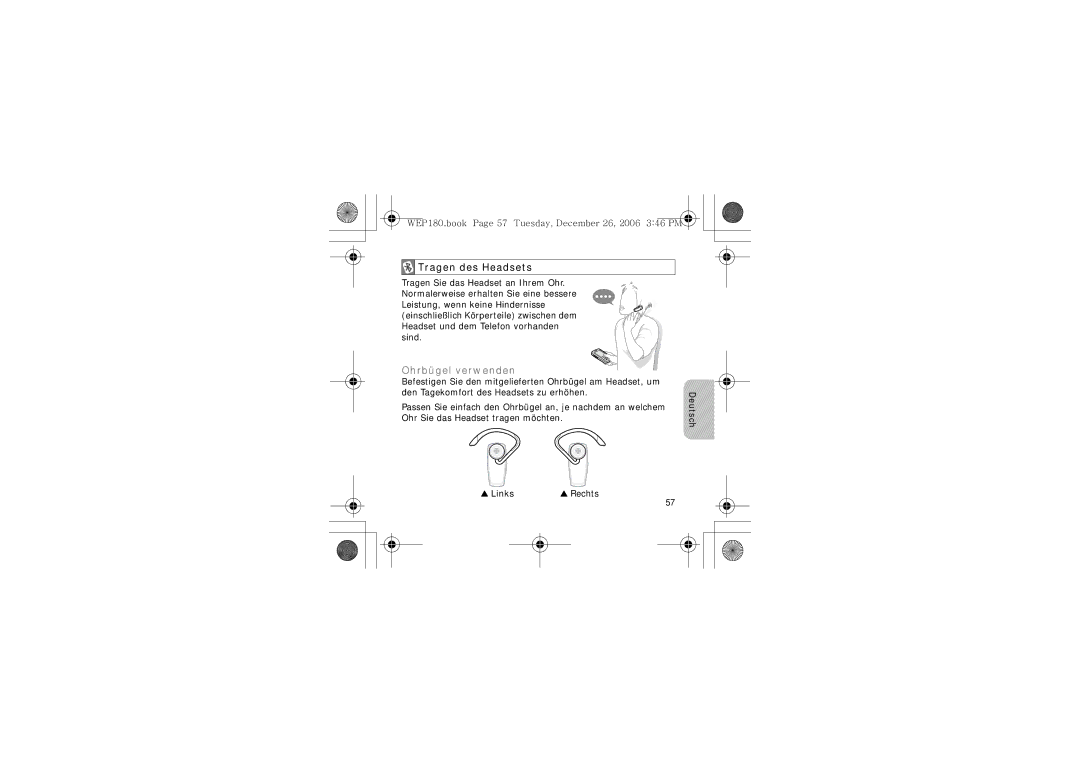 Samsung AWEP180EBECXET Tragen des Headsets, Ohrbügel verwenden, WEP180.book Page 57 Tuesday, December 26, 2006 346 PM 