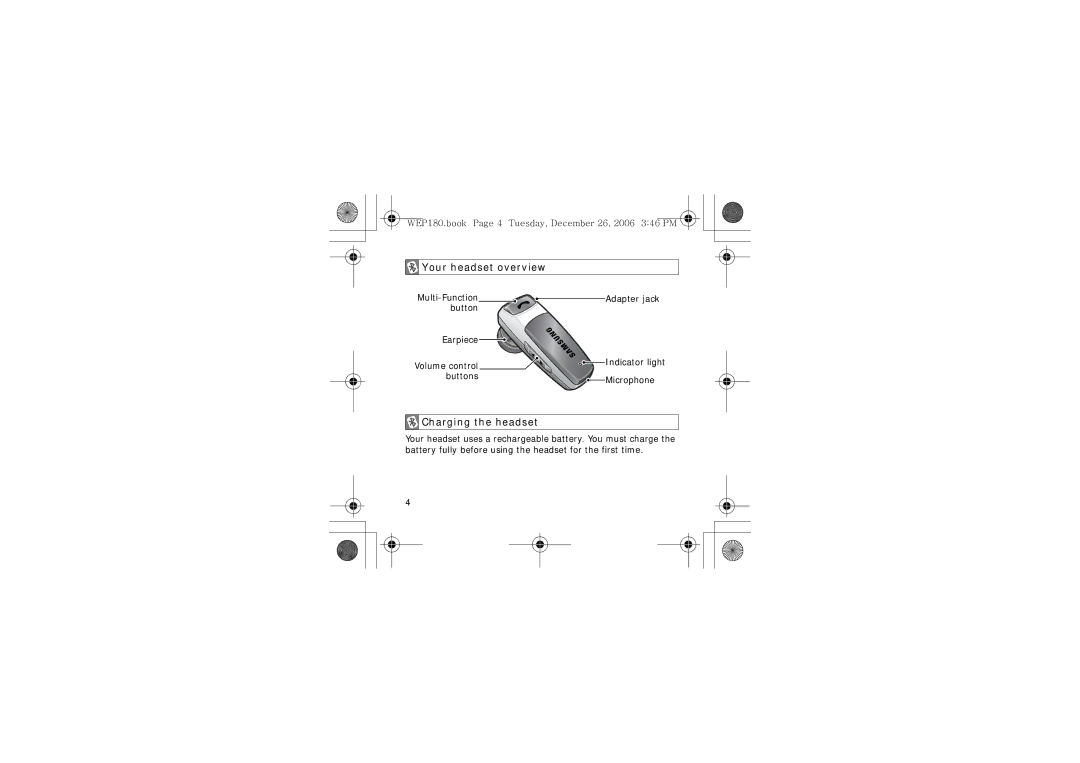 Samsung AWEP180EBECXET Your headset overview, Charging the headset, WEP180.book Page 4 Tuesday, December 26, 2006 346 PM 