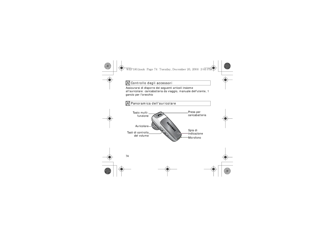 Samsung AWEP180EBECXET manual Controllo degli accessori, Panoramica dellauricolare 