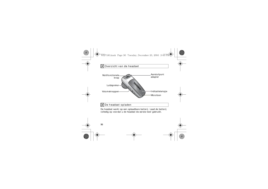 Samsung AWEP180EBECXET Overzicht van de headset, De headset opladen, WEP180.book Page 96 Tuesday, December 26, 2006 346 PM 