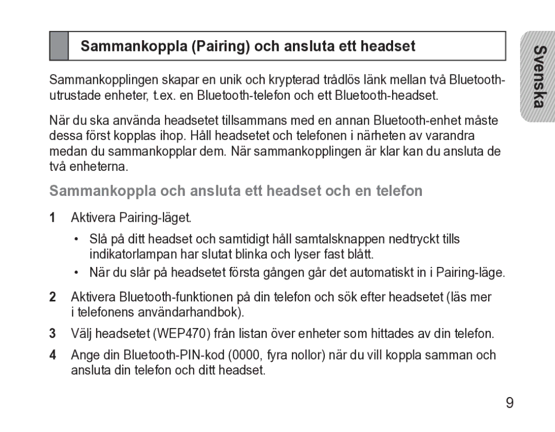 Samsung AWEP470EBECXEE Sammankoppla Pairing och ansluta ett headset, Sammankoppla och ansluta ett headset och en telefon 