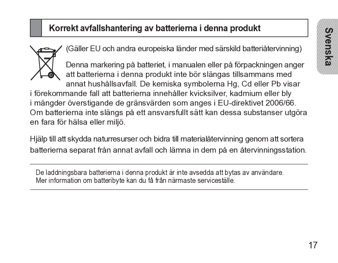 Samsung AWEP470EBECXEE manual Korrekt avfallshantering av batterierna i denna produkt 