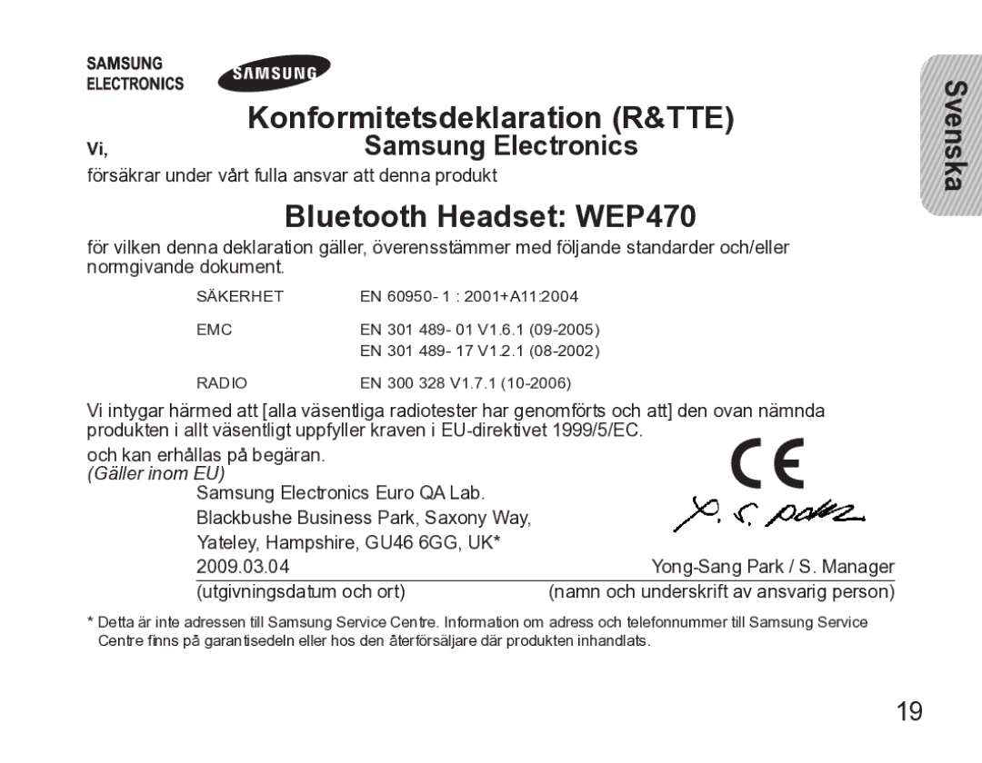 Samsung AWEP470EBECXEE manual Bluetooth Headset WEP470, Samsung Electronics 