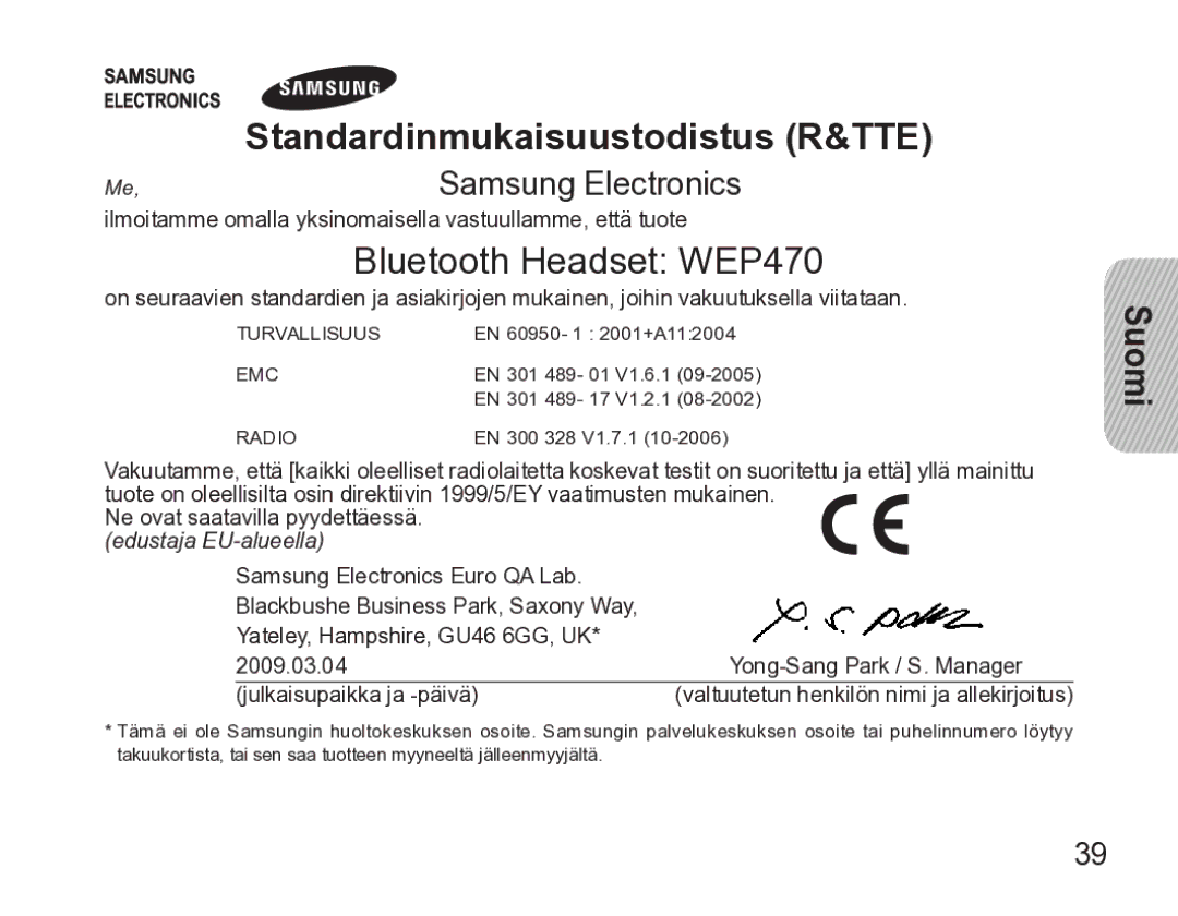 Samsung AWEP470EBECXEE manual Bluetooth Headset WEP470 