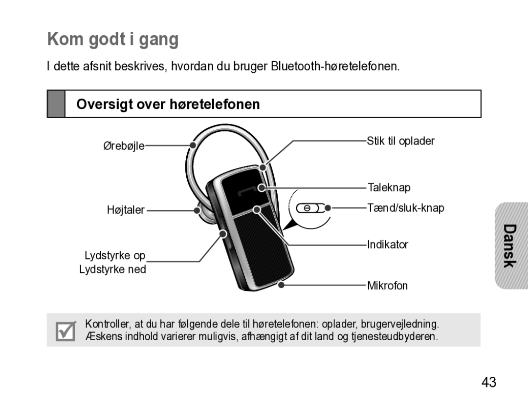 Samsung AWEP470EBECXEE manual Kom godt i gang, Oversigt over høretelefonen 