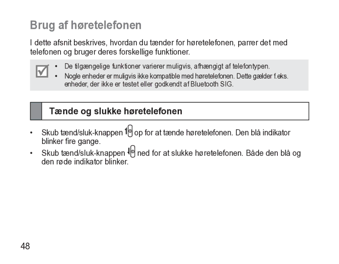 Samsung AWEP470EBECXEE manual Brug af høretelefonen, Tænde og slukke høretelefonen 