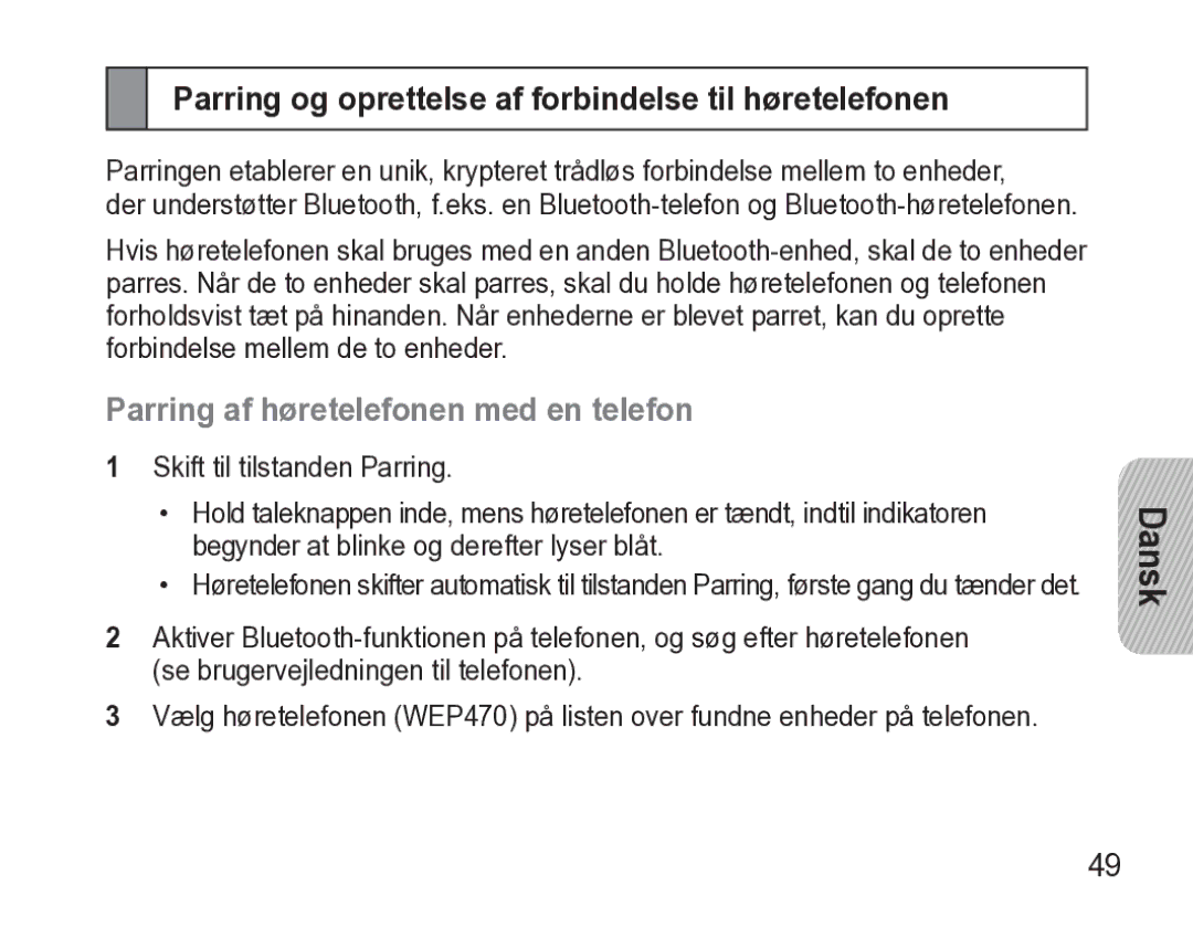 Samsung AWEP470EBECXEE Parring og oprettelse af forbindelse til høretelefonen, Parring af høretelefonen med en telefon 