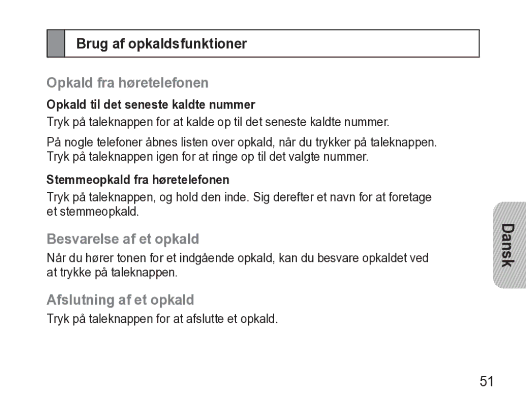 Samsung AWEP470EBECXEE manual Brug af opkaldsfunktioner, Opkald fra høretelefonen, Besvarelse af et opkald 