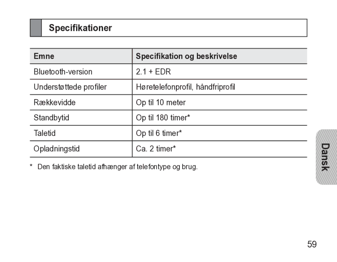 Samsung AWEP470EBECXEE manual Specifikationer, Emne Specifikation og beskrivelse 