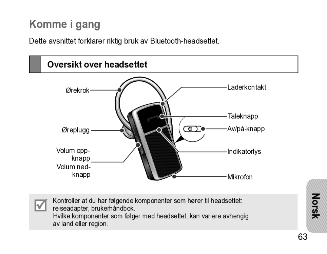 Samsung AWEP470EBECXEE manual Komme i gang, Oversikt over headsettet 