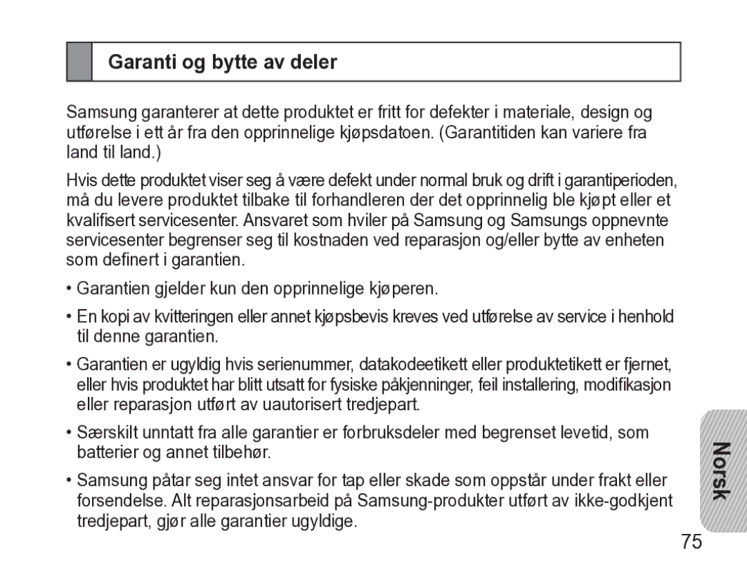 Samsung AWEP470EBECXEE manual Garanti og bytte av deler 