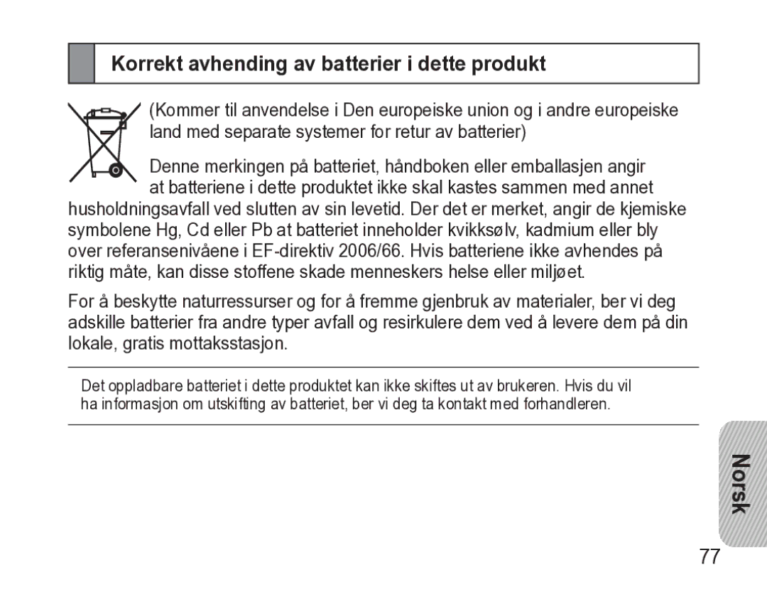 Samsung AWEP470EBECXEE manual Korrekt avhending av batterier i dette produkt 