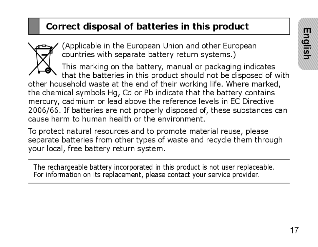 Samsung AWEP470EBECSER, AWEP470EBECXEF, AWEP470EBECXET, AWEP470EBECFOP manual Correct disposal of batteries in this product 