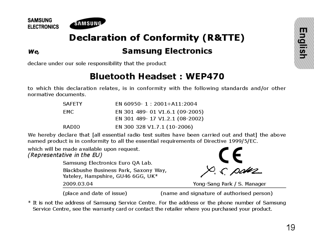 Samsung AWEP470EBECXET, AWEP470EBECXEF, AWEP470EBECFOP manual Declaration of Conformity R&TTE, Bluetooth Headset WEP470 