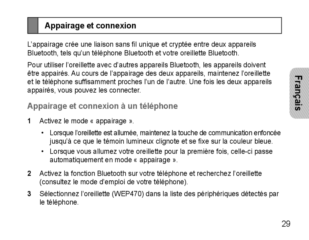 Samsung AWEP470EBECXEH, AWEP470EBECXEF, AWEP470EBECXET, AWEP470EBECFOP manual Appairage et connexion à un téléphone 