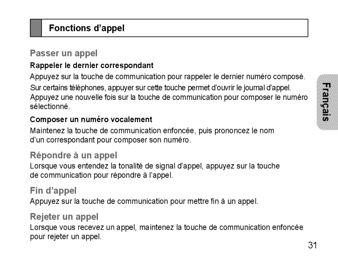 Samsung AWEP470EBECSER manual Fonctions d’appel, Passer un appel, Répondre à un appel, Fin d’appel, Rejeter un appel 