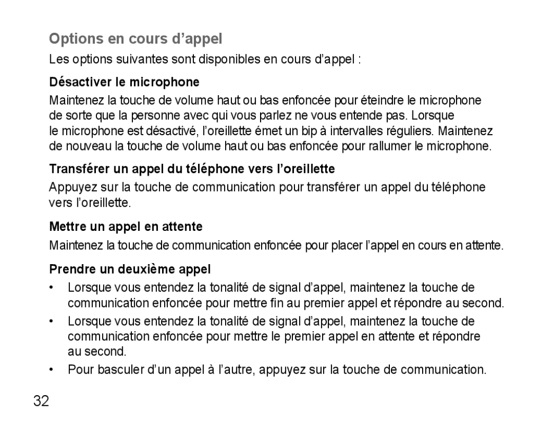 Samsung AWEP470EBECXEF, AWEP470EBECXET manual Options en cours d’appel, Désactiver le microphone, Mettre un appel en attente 