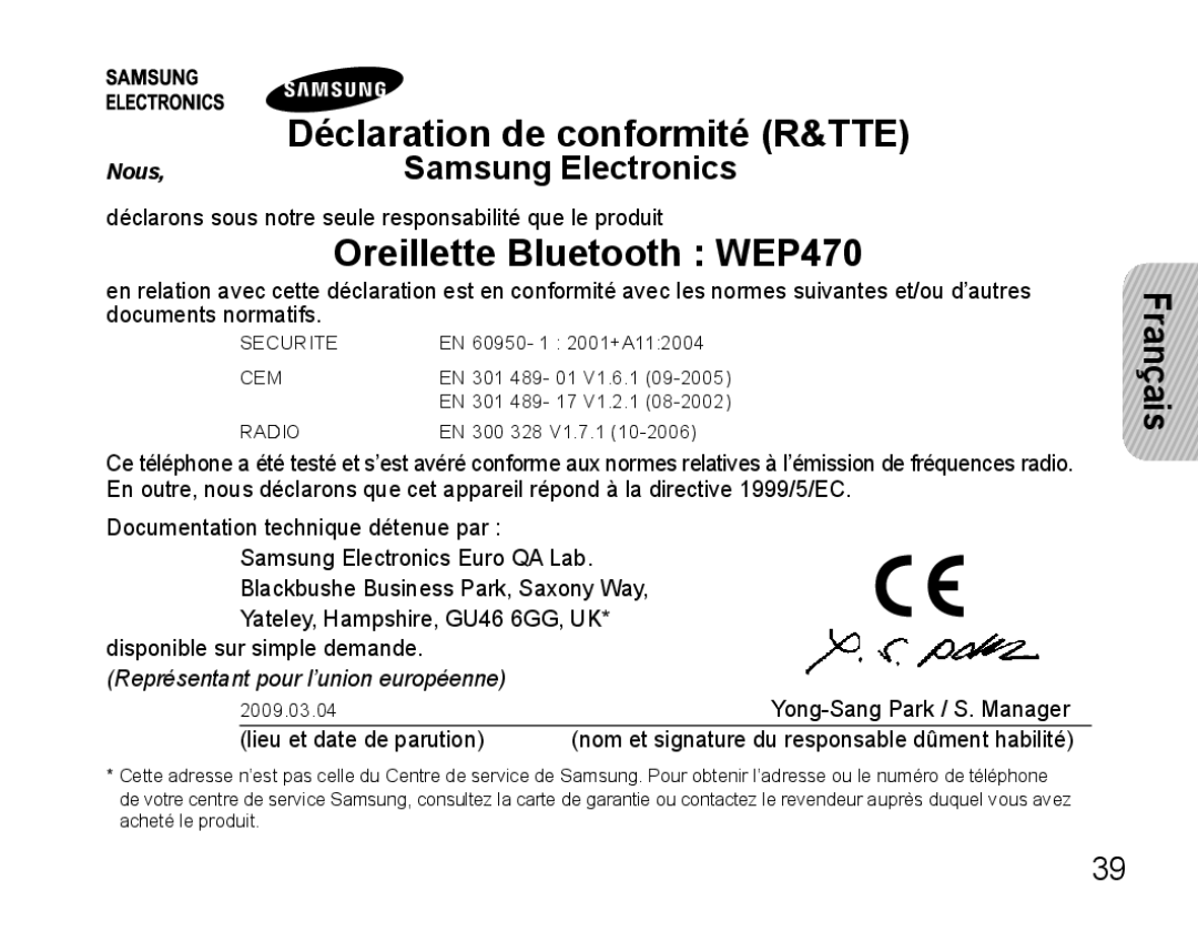 Samsung AWEP470EBECXEF, AWEP470EBECXET, AWEP470EBECFOP, AWEP475EBECFOP, AWEP470EBECXEH manual Oreillette Bluetooth WEP470 