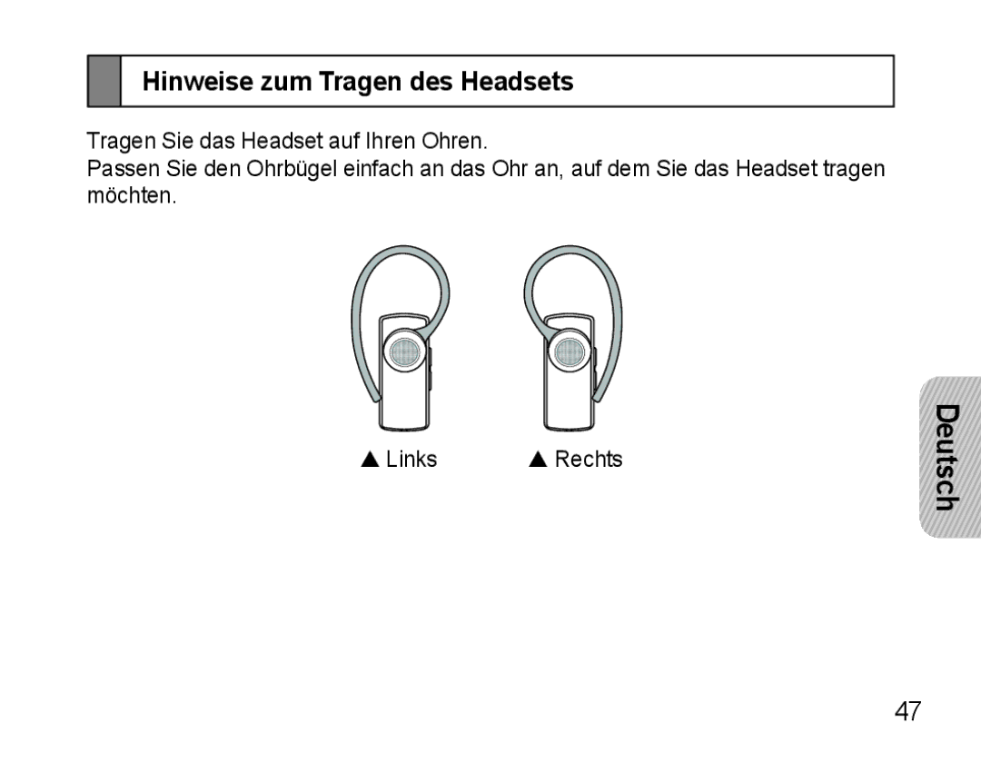 Samsung AWEP470EBECXET, AWEP470EBECXEF, AWEP470EBECFOP, AWEP475EBECFOP, AWEP470EBECXEH manual Hinweise zum Tragen des Headsets 