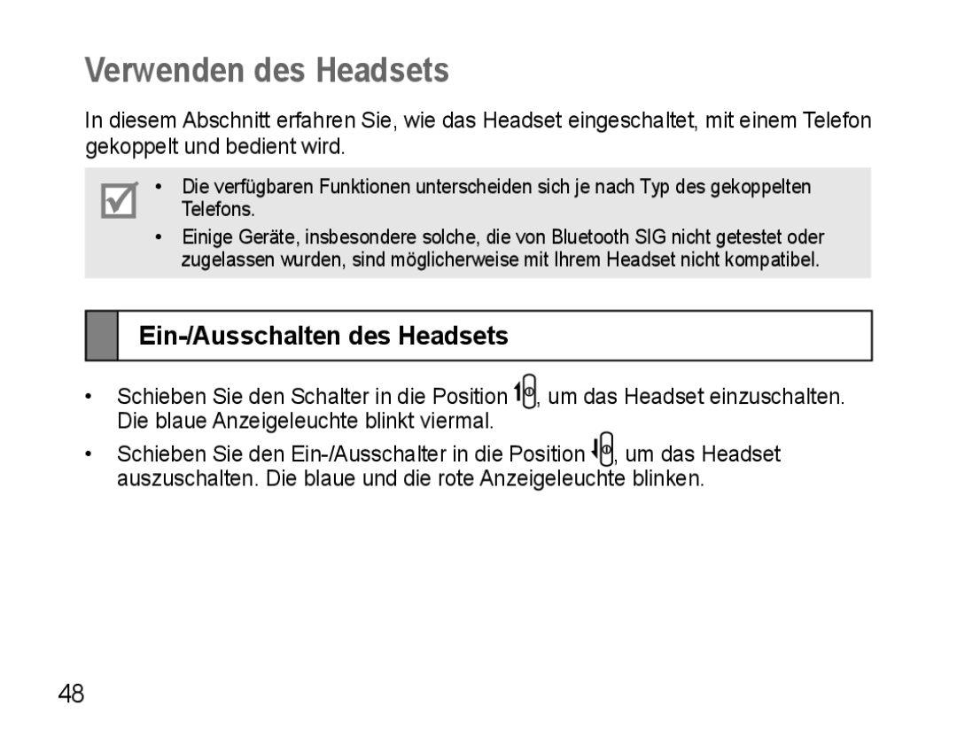 Samsung AWEP470EBECFOP, AWEP470EBECXEF, AWEP470EBECXET, AWEP475EBECFOP Verwenden des Headsets, Ein-/Ausschalten des Headsets 