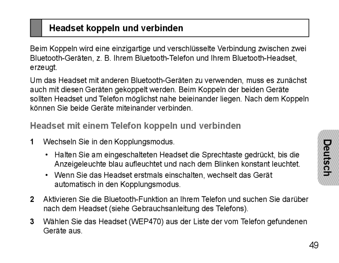 Samsung AWEP475EBECFOP, AWEP470EBECXEF manual Headset koppeln und verbinden, Headset mit einem Telefon koppeln und verbinden 