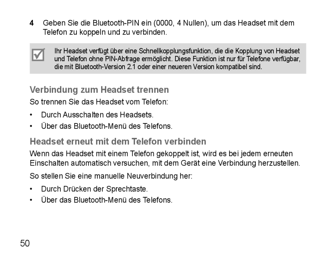 Samsung AWEP470EBECXEH, AWEP470EBECXEF manual Verbindung zum Headset trennen, Headset erneut mit dem Telefon verbinden 