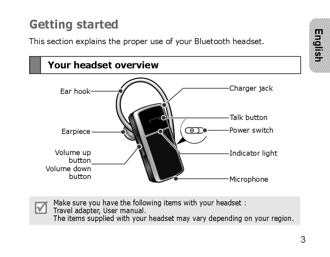 Samsung AWEP470EBECSER, AWEP470EBECXEF, AWEP470EBECXET, AWEP470EBECFOP, AWEP475EBECFOP Getting started, Your headset overview 