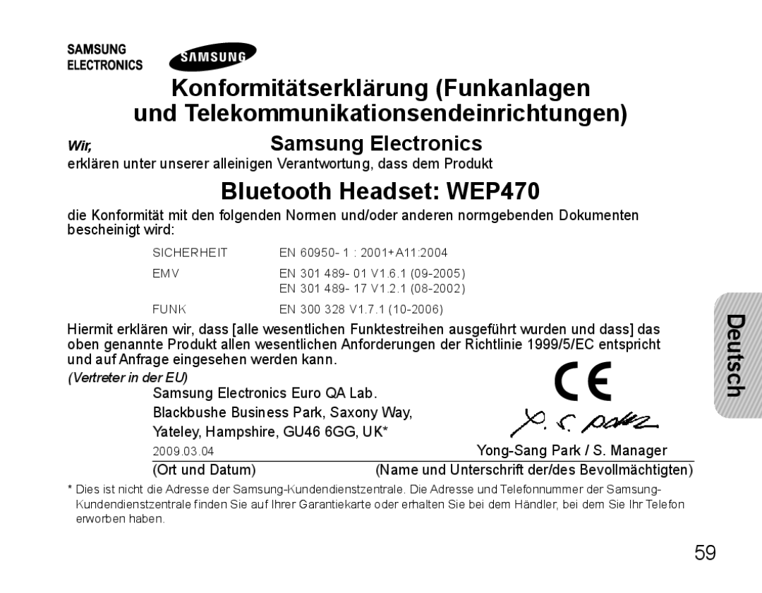 Samsung AWEP470EBECSER, AWEP470EBECXEF, AWEP470EBECXET, AWEP470EBECFOP manual Bluetooth Headset WEP470, Samsung Electronics 