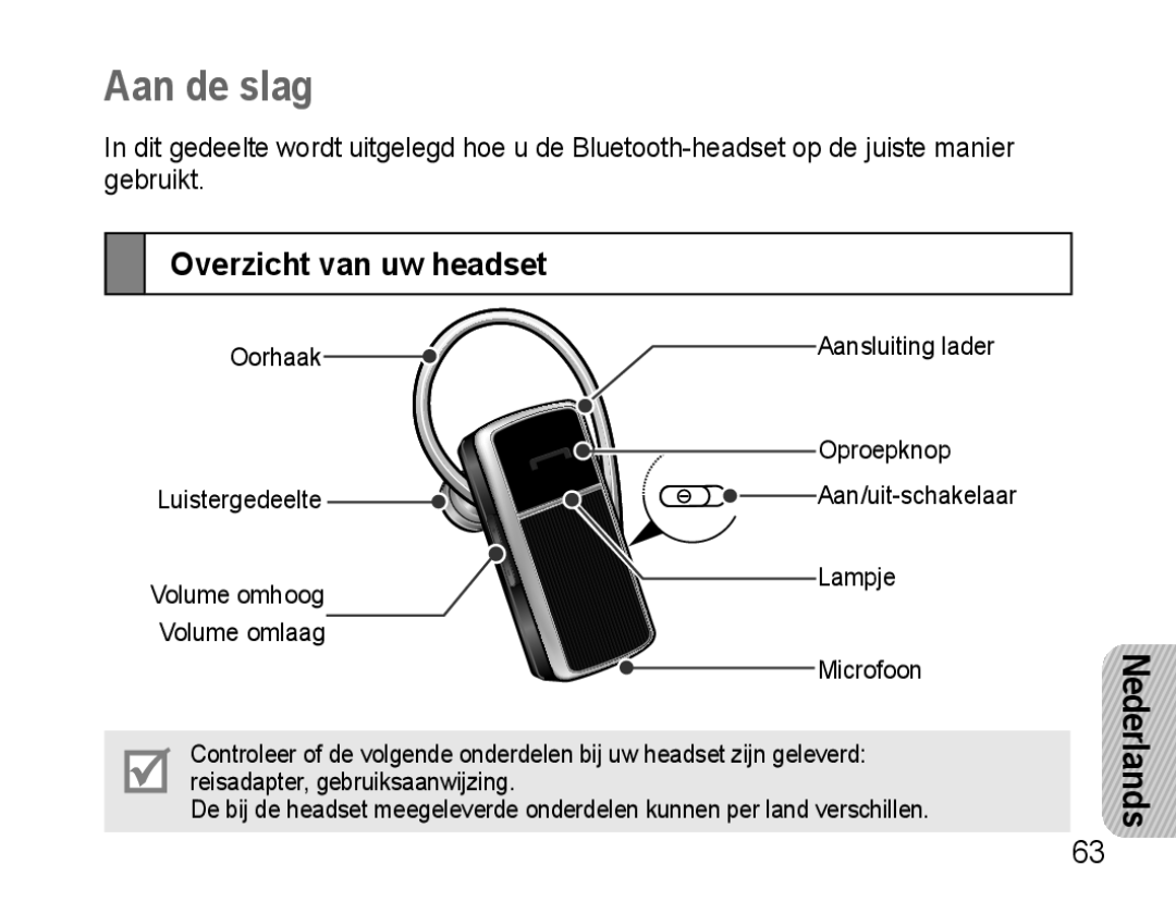 Samsung AWEP475EBECFOP, AWEP470EBECXEF, AWEP470EBECXET, AWEP470EBECFOP, AWEP470EBECXEH Aan de slag, Overzicht van uw headset 