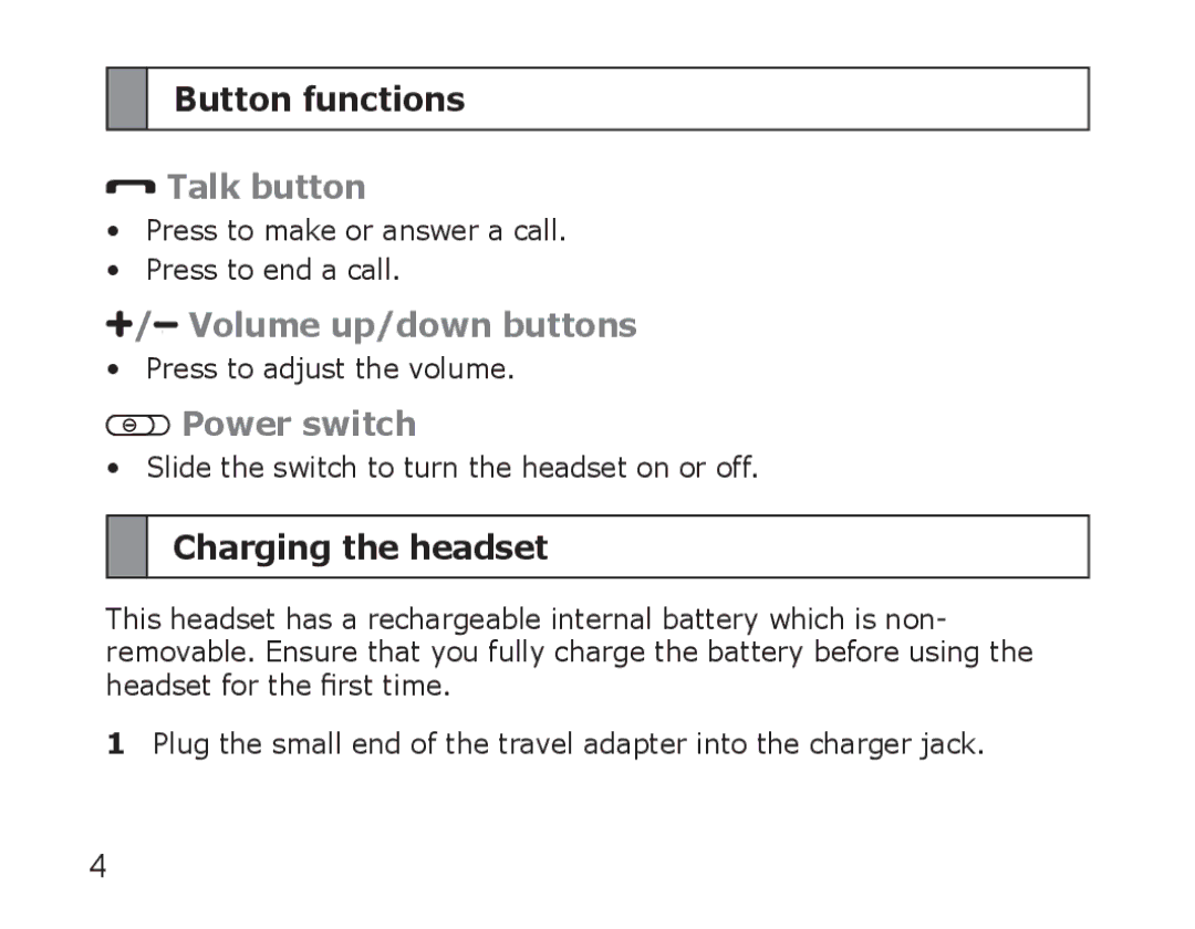 Samsung AWEP470EBECXEF, AWEP470EBECXET, AWEP470EBECFOP, AWEP475EBECFOP, AWEP470EBECXEH Button functions, Charging the headset 