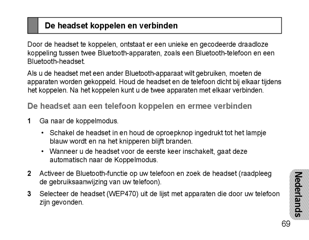 Samsung AWEP470EBECFOP manual De headset koppelen en verbinden, De headset aan een telefoon koppelen en ermee verbinden 