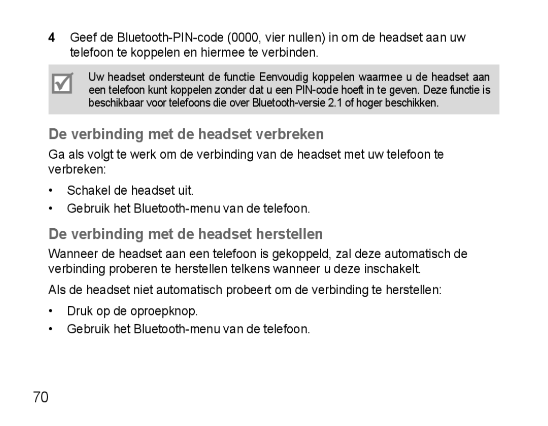 Samsung AWEP475EBECFOP, AWEP470EBECXEF De verbinding met de headset verbreken, De verbinding met de headset herstellen 