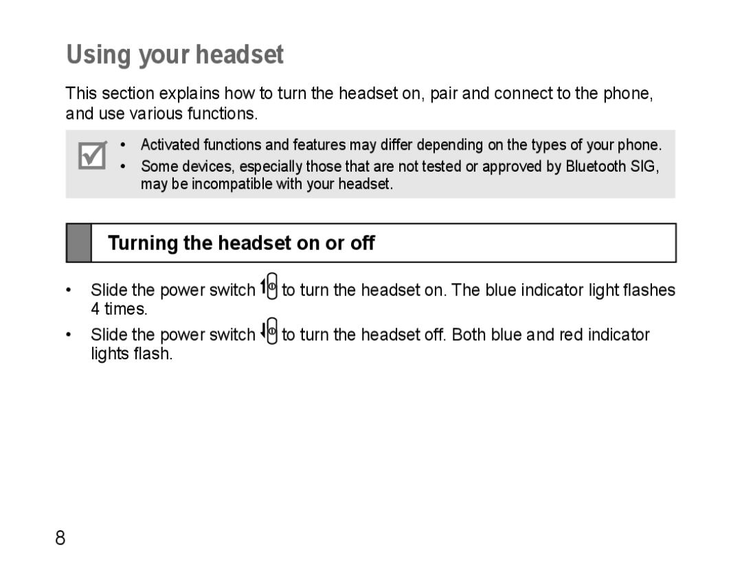 Samsung AWEP470EBECXEE, AWEP470EBECXET, AWEP470EBECFOP, AWEP475EBECFOP Using your headset, Turning the headset on or off 