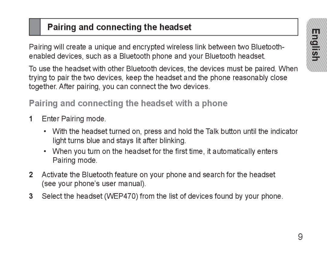 Samsung AWEP470EBECEUR, AWEP470EBECXET, AWEP470EBECFOP, AWEP475EBECFOP Pairing and connecting the headset with a phone 