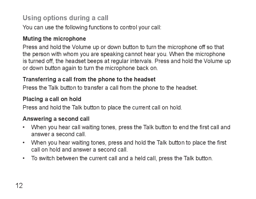 Samsung AWEP470EBECFOP Using options during a call, Muting the microphone, Placing a call on hold, Answering a second call 