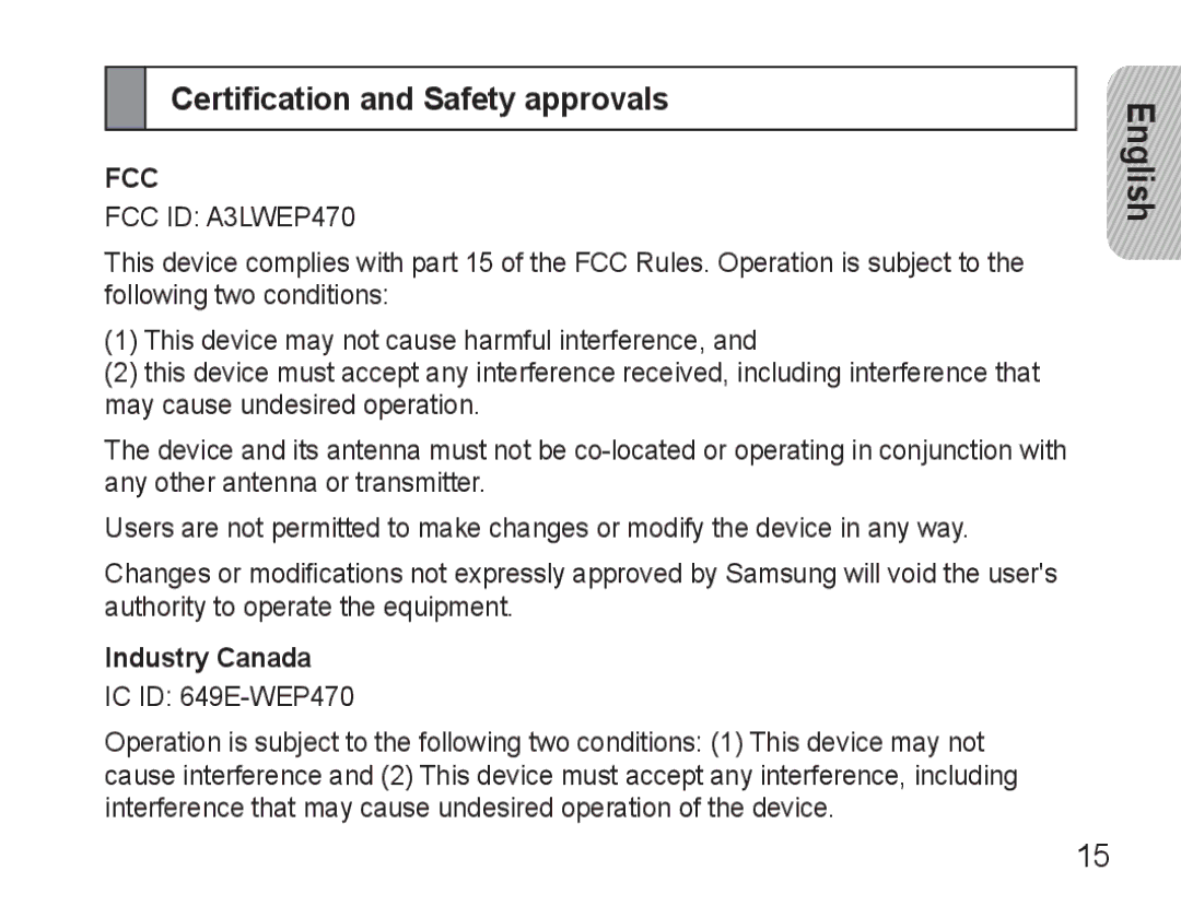 Samsung AWEP470EBECXEE, AWEP470EBECXET, AWEP470EBECFOP, AWEP475EBECFOP Certification and Safety approvals, Industry Canada 