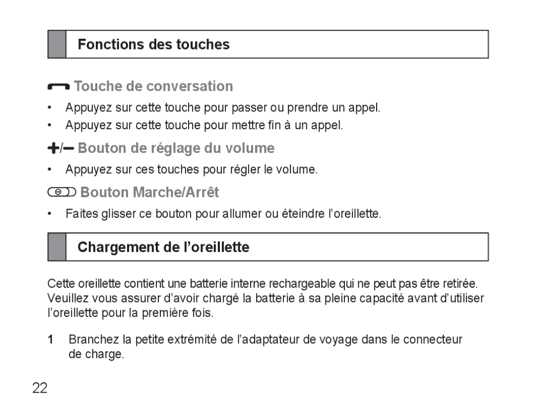 Samsung AWEP470EBECXEE Fonctions des touches, Touche de conversation, Bouton de réglage du volume, Bouton Marche/Arrêt 