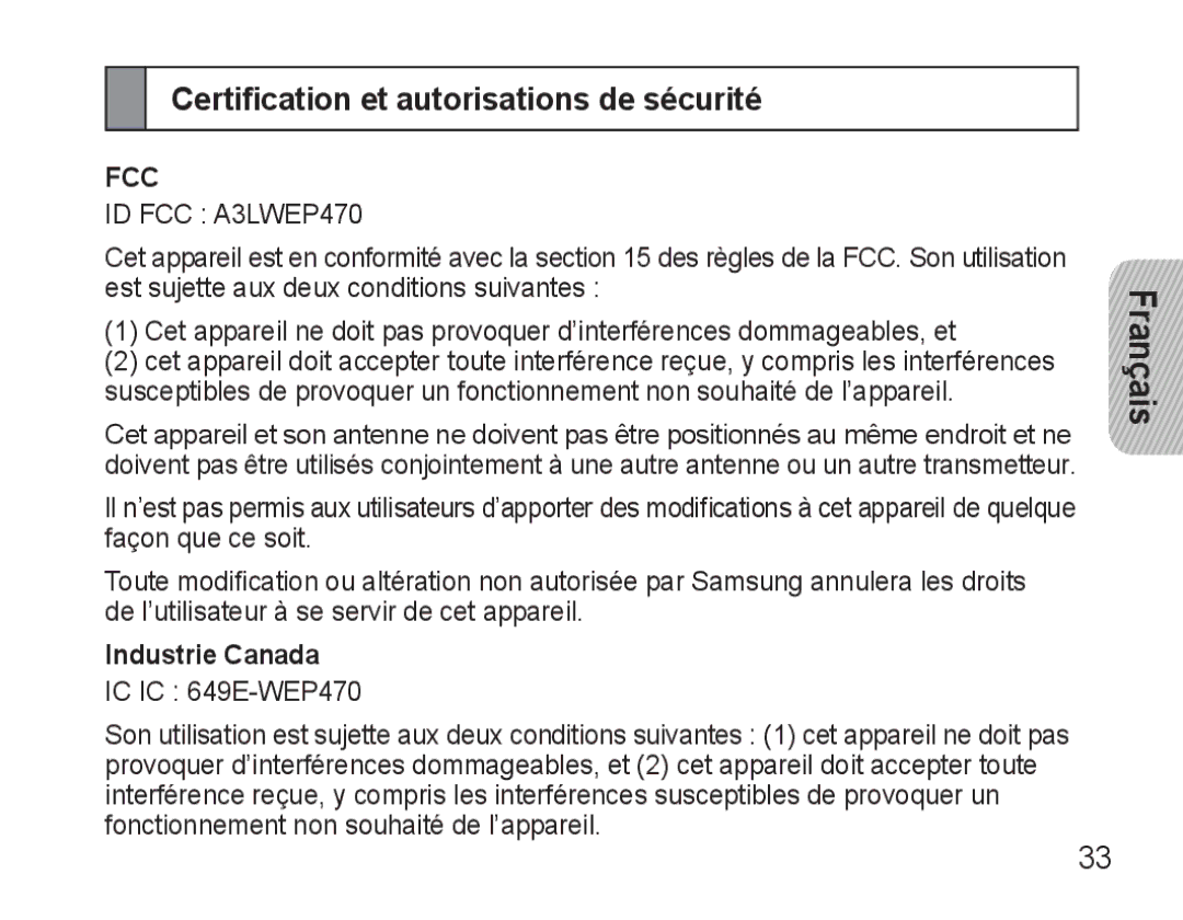 Samsung AWEP470EBECFOP, AWEP470EBECXET, AWEP475EBECFOP manual Certification et autorisations de sécurité, Industrie Canada 