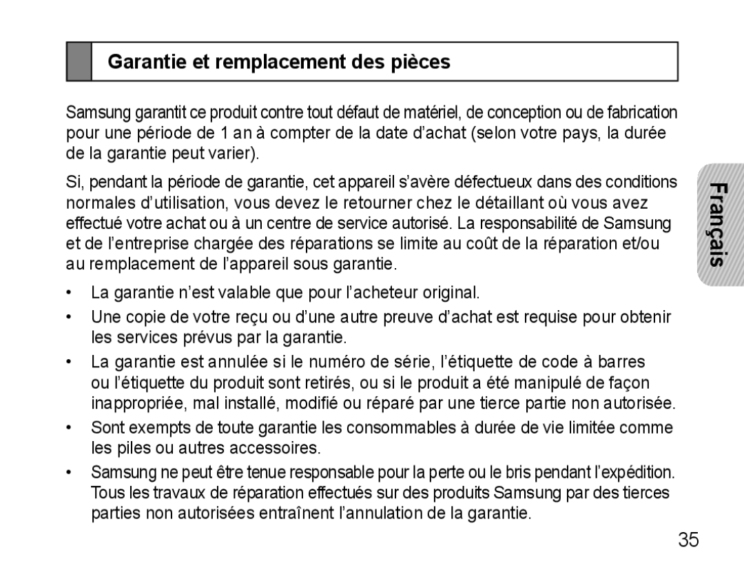 Samsung AWEP470EBECXEH, AWEP470EBECXET, AWEP470EBECFOP, AWEP475EBECFOP, AWEP470EBECXEE Garantie et remplacement des pièces 