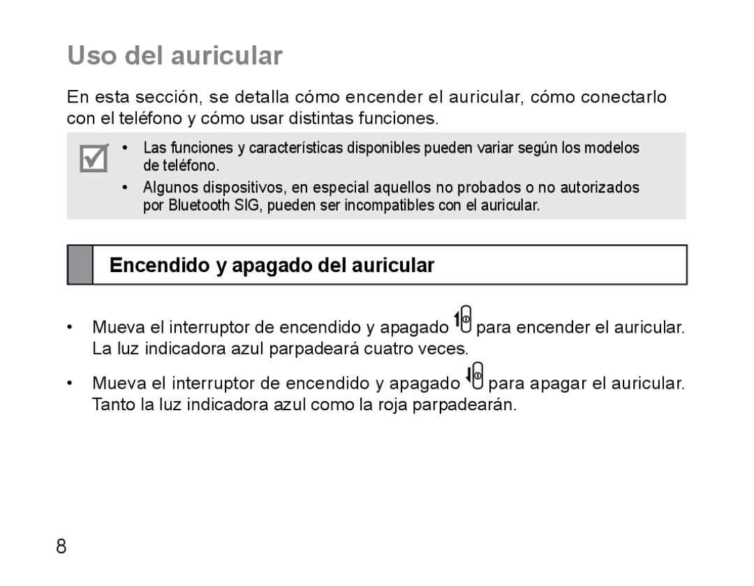 Samsung AWEP475EBECFOP, AWEP470EBECXET, AWEP470EBECFOP manual Uso del auricular, Encendido y apagado del auricular 