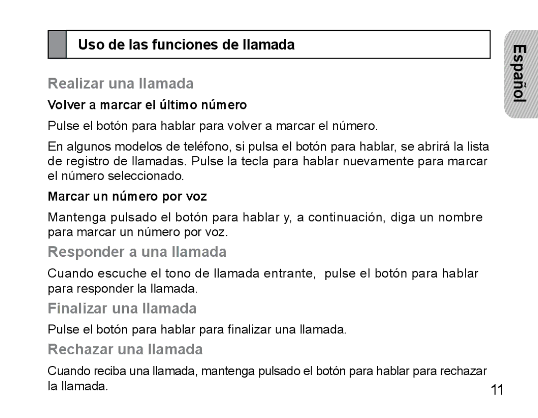 Samsung AWEP475EBECFOP, AWEP470EBECXET manual Uso de las funciones de llamada, Realizar una llamada, Responder a una llamada 