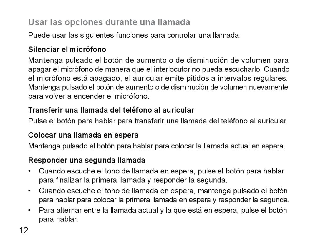 Samsung AWEP470EBECXET manual Usar las opciones durante una llamada, Silenciar el micrófono, Colocar una llamada en espera 