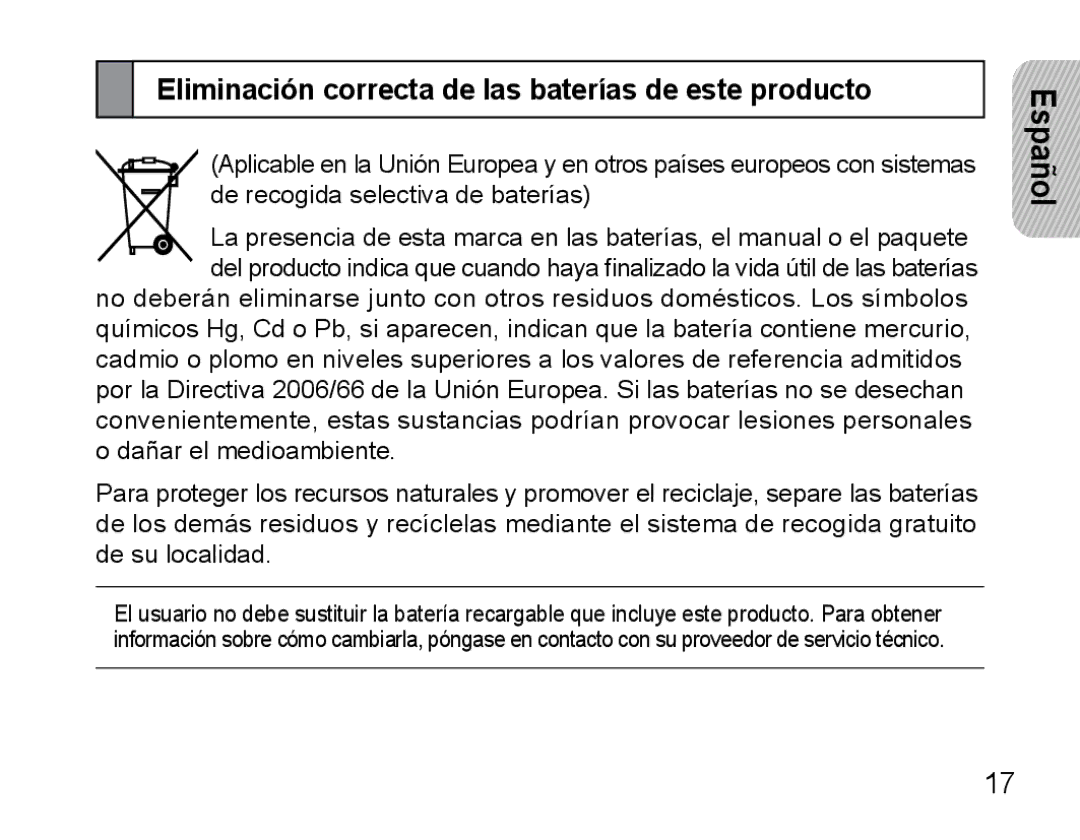 Samsung AWEP475EBECFOP, AWEP470EBECXET, AWEP470EBECFOP manual Eliminación correcta de las baterías de este producto 