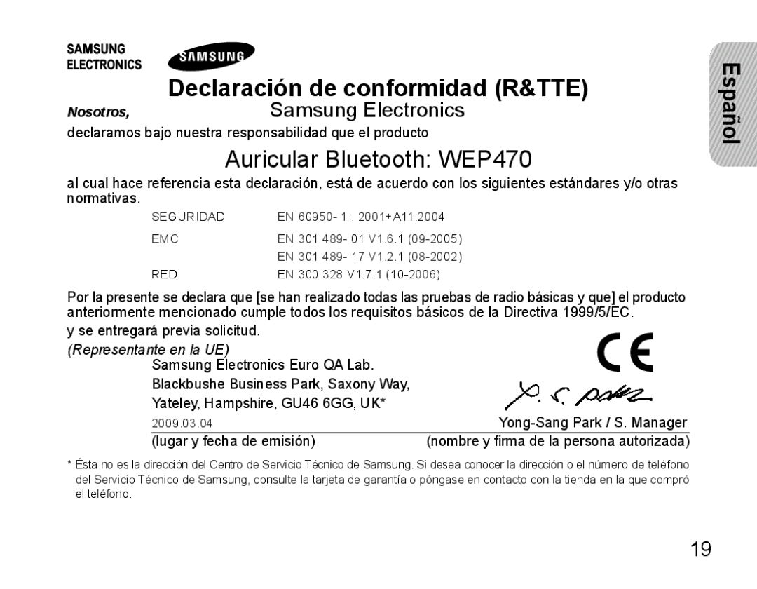 Samsung AWEP470EBECFOP, AWEP470EBECXET, AWEP475EBECFOP manual Auricular Bluetooth WEP470 