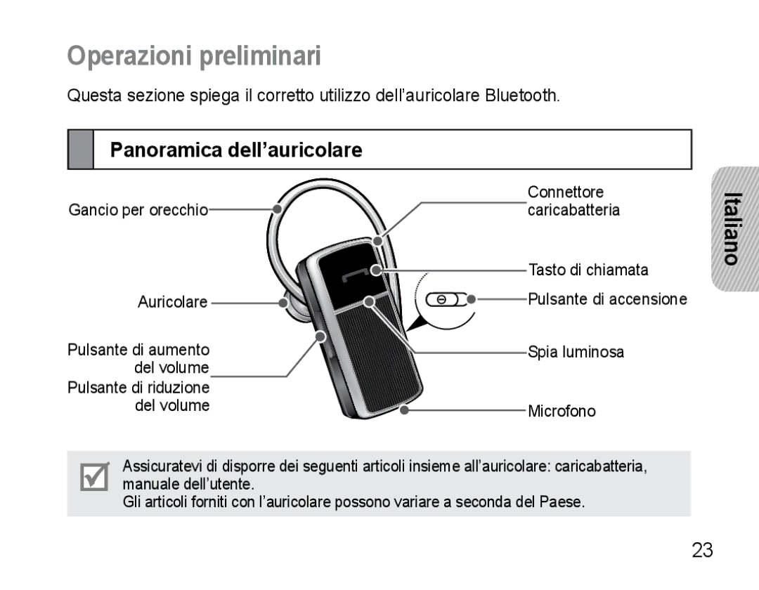 Samsung AWEP475EBECFOP, AWEP470EBECXET, AWEP470EBECFOP manual Operazioni preliminari, Panoramica dell’auricolare 