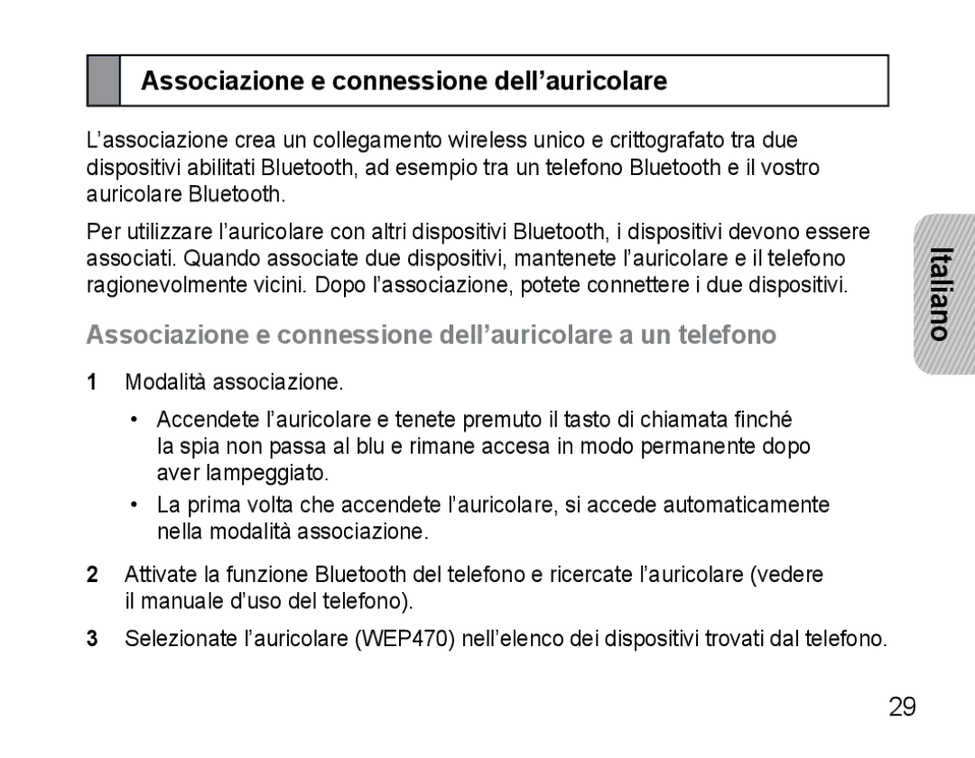 Samsung AWEP475EBECFOP, AWEP470EBECXET, AWEP470EBECFOP manual Associazione e connessione dell’auricolare 