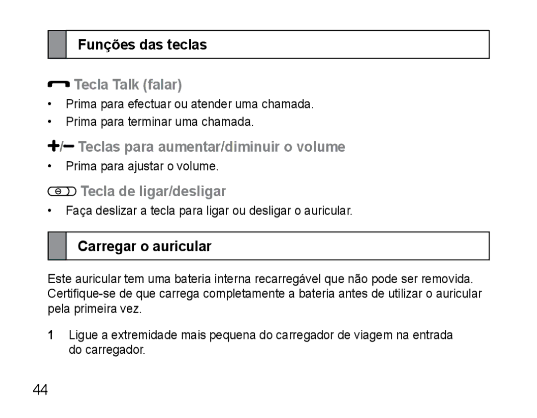 Samsung AWEP475EBECFOP Funções das teclas, Tecla Talk falar, Teclas para aumentar/diminuir o volume, Carregar o auricular 