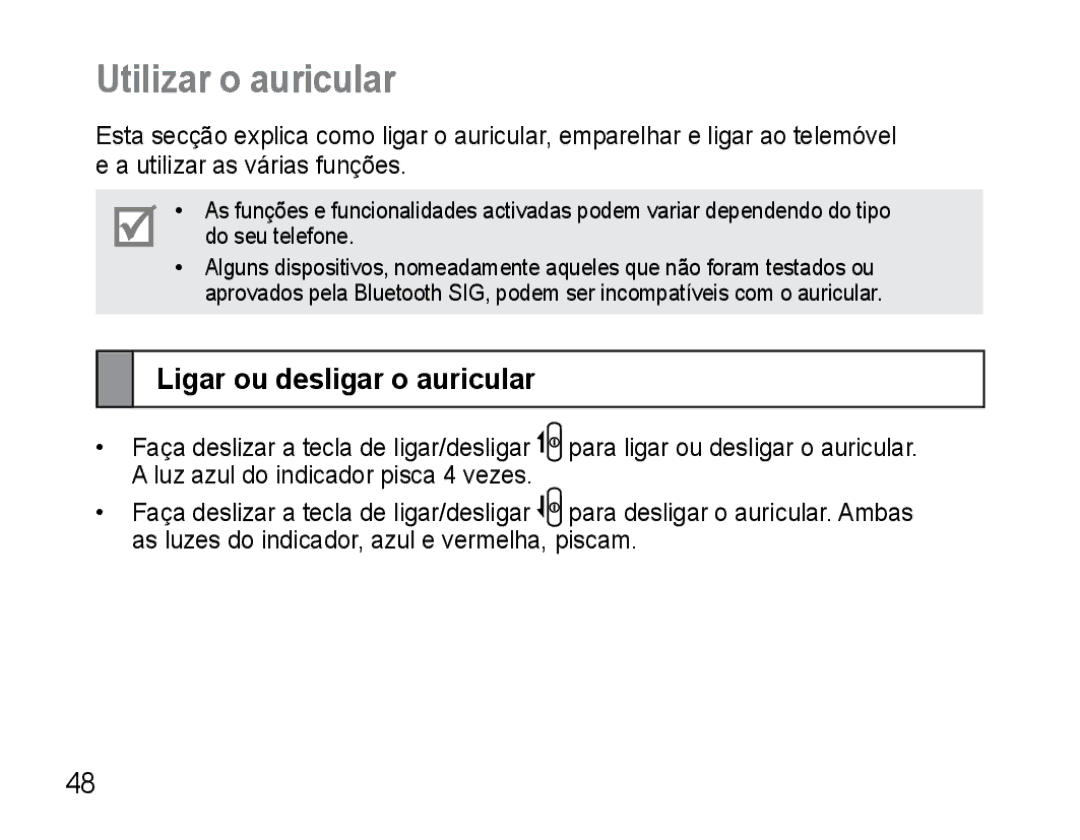 Samsung AWEP470EBECXET, AWEP470EBECFOP, AWEP475EBECFOP manual Utilizar o auricular, Ligar ou desligar o auricular 