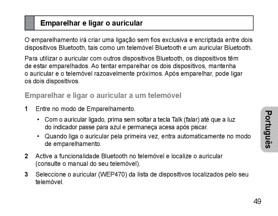 Samsung AWEP470EBECFOP, AWEP470EBECXET, AWEP475EBECFOP manual Emparelhar e ligar o auricular a um telemóvel 