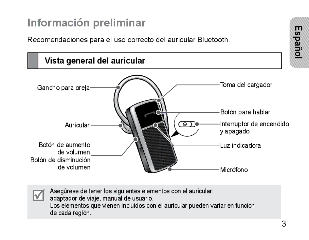 Samsung AWEP470EBECXET, AWEP470EBECFOP, AWEP475EBECFOP manual Información preliminar, Vista general del auricular 